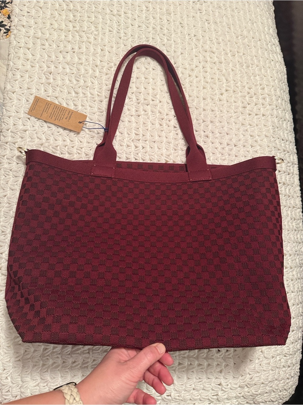 NWT Rothy’s Lightweight Zip Tote in Cabernet Check Knit Pattern - Picture 6 of 13